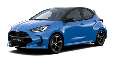 Toyota Yaris Hybrid in Blau mit schwarzem Dach, Frontansicht, Modellgeneration ab 2020