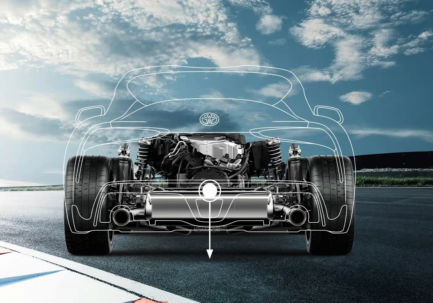 Technische Illustration des Toyota GR Supra 2025 – Fahrwerk und Motor von vorn mit transparenter Fahrzeugkontur auf Rennstrecke