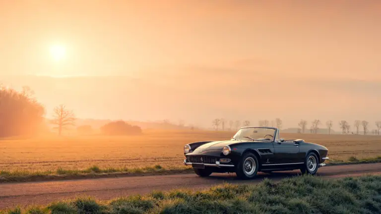 Ferrari 275 GTS Cabriolet, Baujahr 1965, schwarz, auf einer Landstraße bei Sonnenaufgang, ländliche Kulisse.