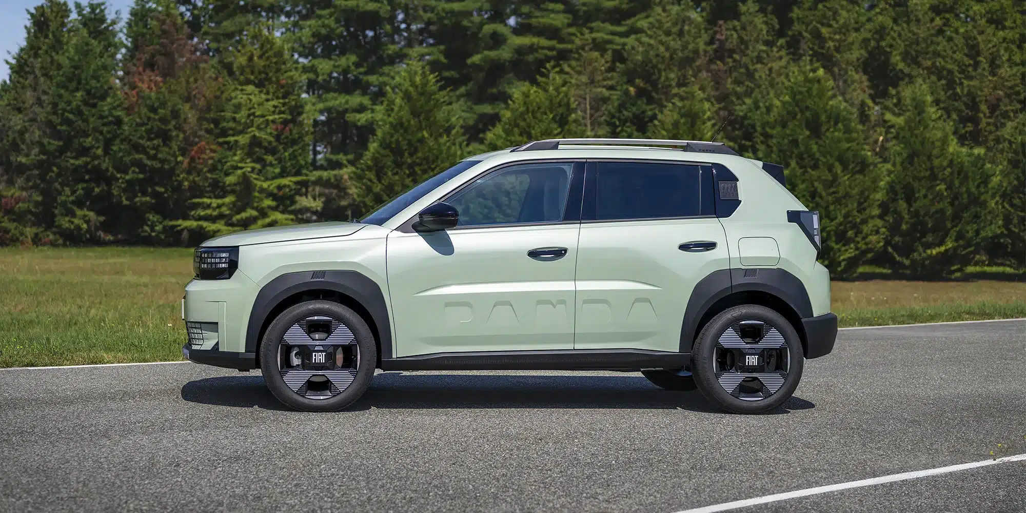 Fiat Grande Panda Benzin in Seitenansicht vor grünem Hintergrund