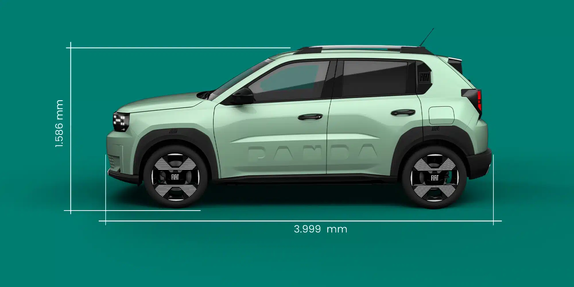 Fiat Grande Panda Benzin Seitenansicht mit Längen- und Höhenangabe vor türkisfarbenem Hintergrund.