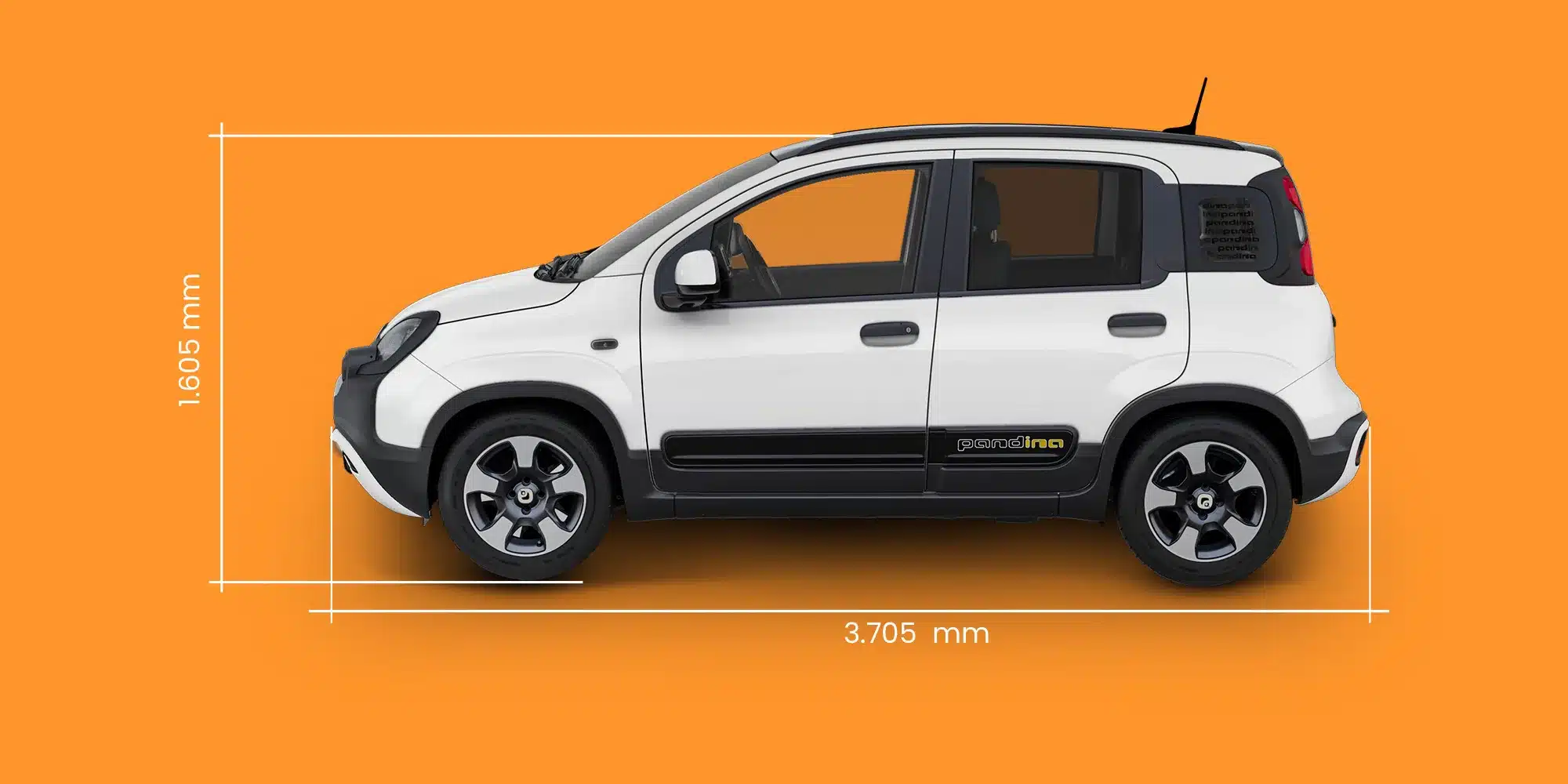Fiat Pandina Seitenansicht auf orangem Hintergrund mit Maßangaben 3.705 mm Länge und 1.605 mm Höhe