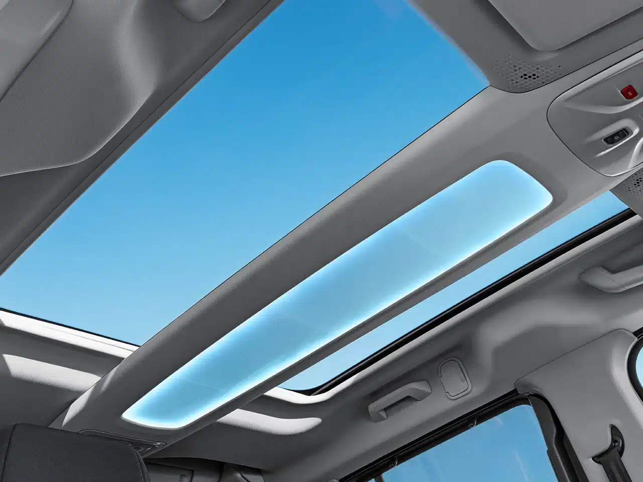 Innenansicht des Magic Top Panorama-Glasdachs im Fiat Qubo L mit Blick auf den blauen Himmel.