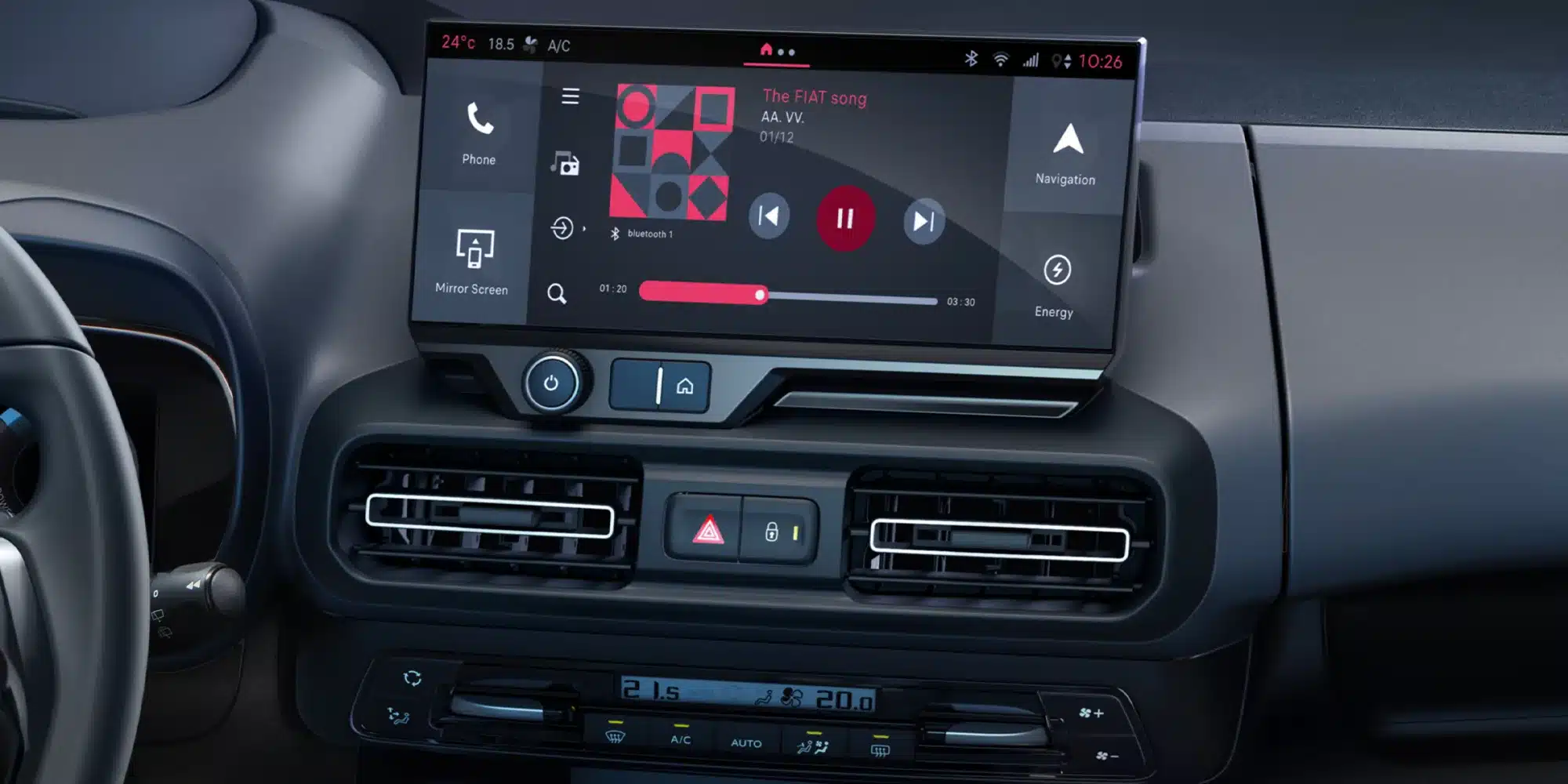 Nahaufnahme des modernen Infotainmentsystems und der Klimabedieneinheit im Fiat Qubo L