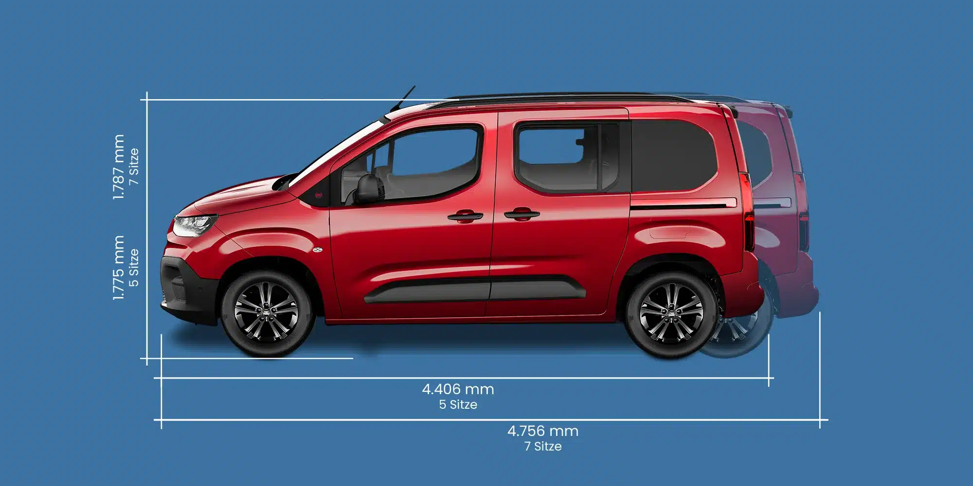 Abgebildet sind die seitlichen Silhouetten des Fiat Qubo L als 5- und 7-Sitzer, beide in roter Lackierung, mit eingezeichneten Außenmaßen.