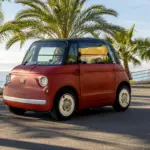 Fiat Topolino Microcar, vorne links, in Corallo vor Palmen und Meer geparkt.