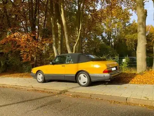 Gelbes klassisches Cabriolet als Sammlerfahrzeug geparkt auf Gehweg mit herbstlicher Baumkulisse