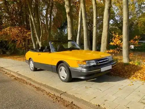 Gelbes klassisches Sammler-Cabriolet geparkt am Straßenrand mit herbstlichen Bäumen im Hintergrund