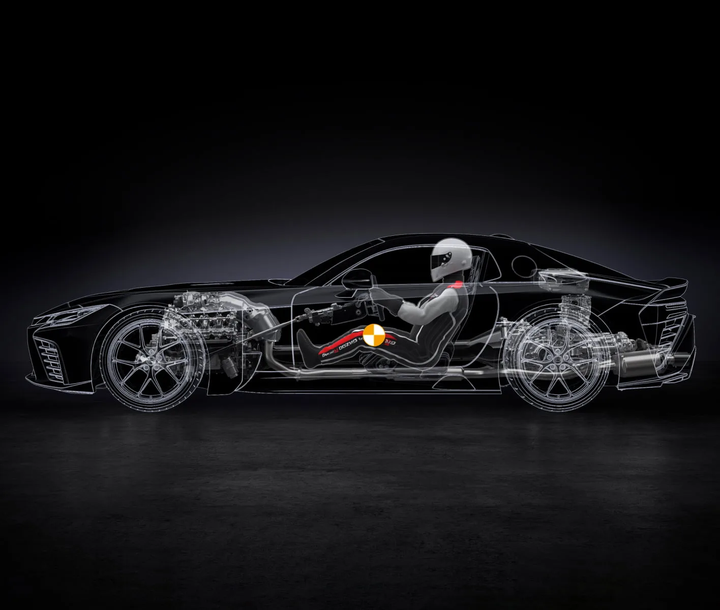 Transparente Seitenansicht des GR GT Sportwagens mit sichtbarer Technik und Fahrerposition.