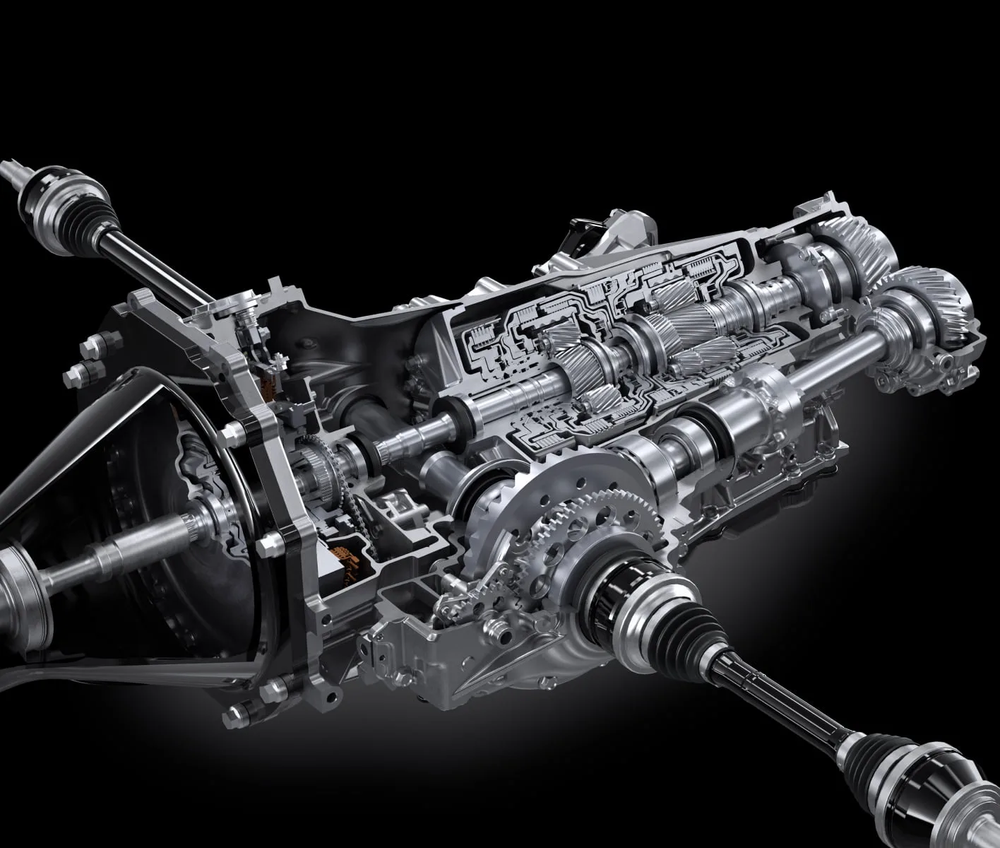 Detailaufnahme des Hybrid-Getriebesystems im Toyota GR GT, bestehend aus mehreren Zahnrädern und Wellen.