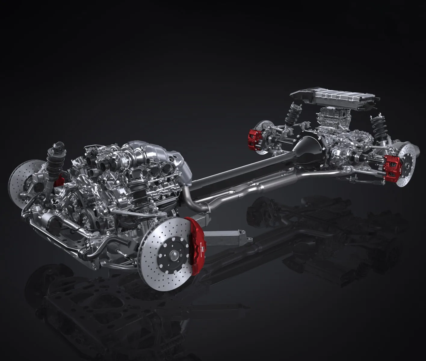 Antriebsstrang und Fahrwerk des Toyota GR GT mit Hybridmodul und V8-Motor