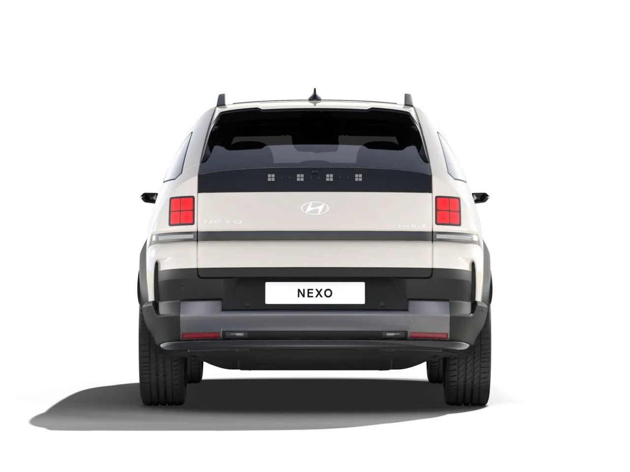 Rückansicht des Hyundai NEXO Wasserstoff-SUV, weißer Lack, modernes Leuchtendesign