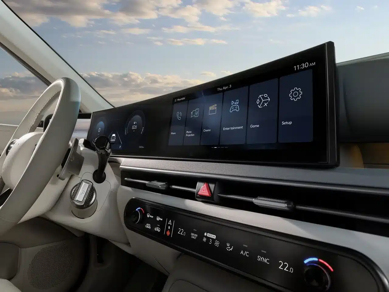 Innenraum des Hyundai NEXO mit großem Panoramadisplay und digitalem Bedienkonzept