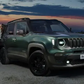 Grüner Jeep Renegade e-Hybrid mit einer Person am Fahrzeug vor abendlicher Landschaft.