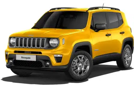 Gelber Jeep Renegade e-Hybrid, kompaktes SUV-Modell, schräg von vorne fotografiert.