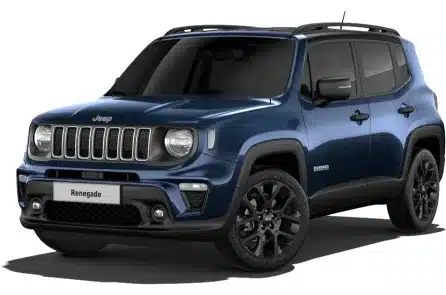 Jeep Renegade e-Hybrid in Dunkelblau, von vorne fotografiert, isoliert vor weißem Hintergrund