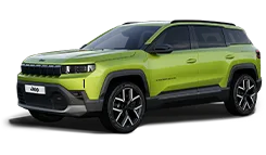 Grüner Jeep Compass e-Hybrid Seitenansicht vor weißem Hintergrund