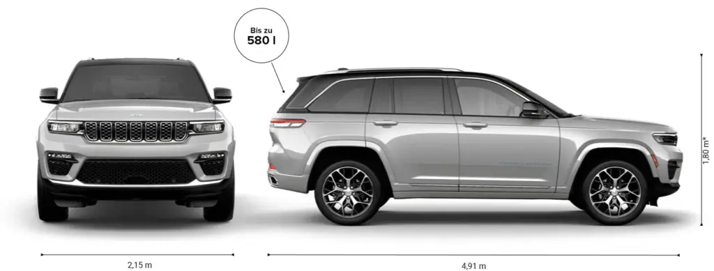 Jeep Grand Cherokee 4xe silber – Front- und Seitenansicht mit Längen-, Breiten- und Höhenangaben sowie Kofferraumvolumen.