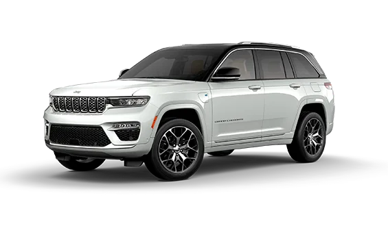 Jeep Grand Cherokee 4xe Plug-in-Hybrid SUV, Seitenansicht in Weiß vor neutralem Hintergrund
