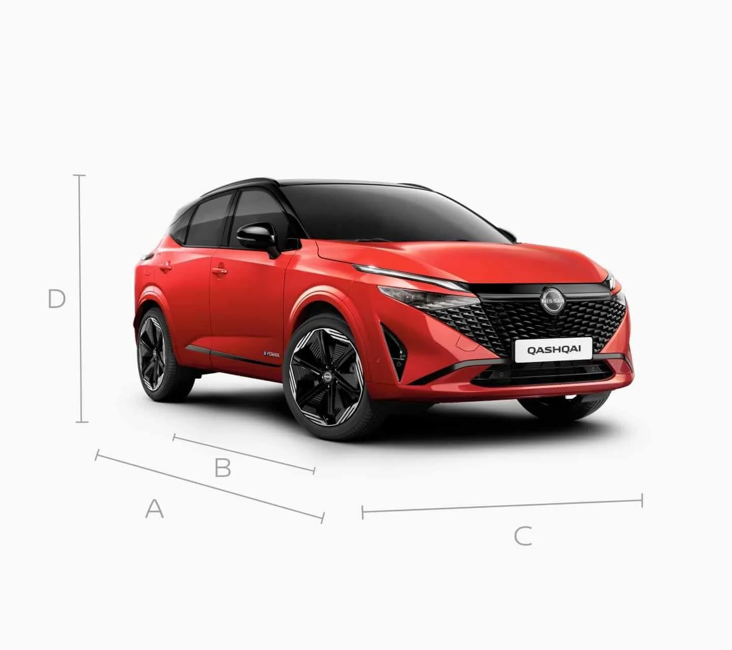 Roter Nissan Qashqai e-POWER mit sichtbaren Karosseriemaßen vor weißem Hintergrund