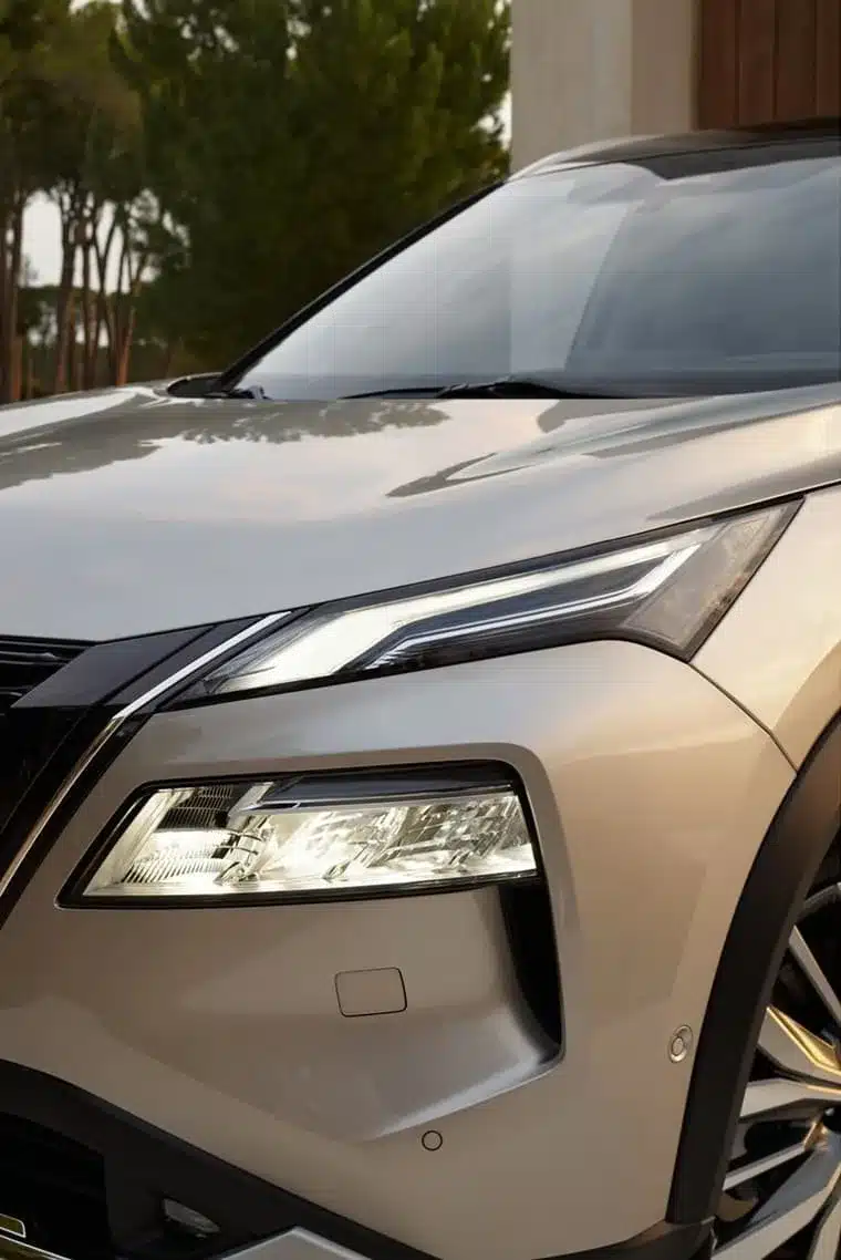 Nahaufnahme des LED-Scheinwerfers und Kühlergrills am Nissan X-Trail e-POWER
