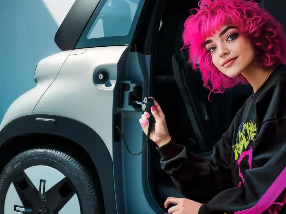 Junge Frau mit pinken Haaren lädt einen Opel Rocks-e über die Fahrzeugtür an der Steckdose auf.