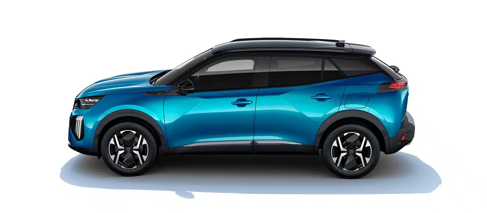 Peugeot 2008 in blau, Seitenansicht, moderner City-SUV mit sportlichem Design.