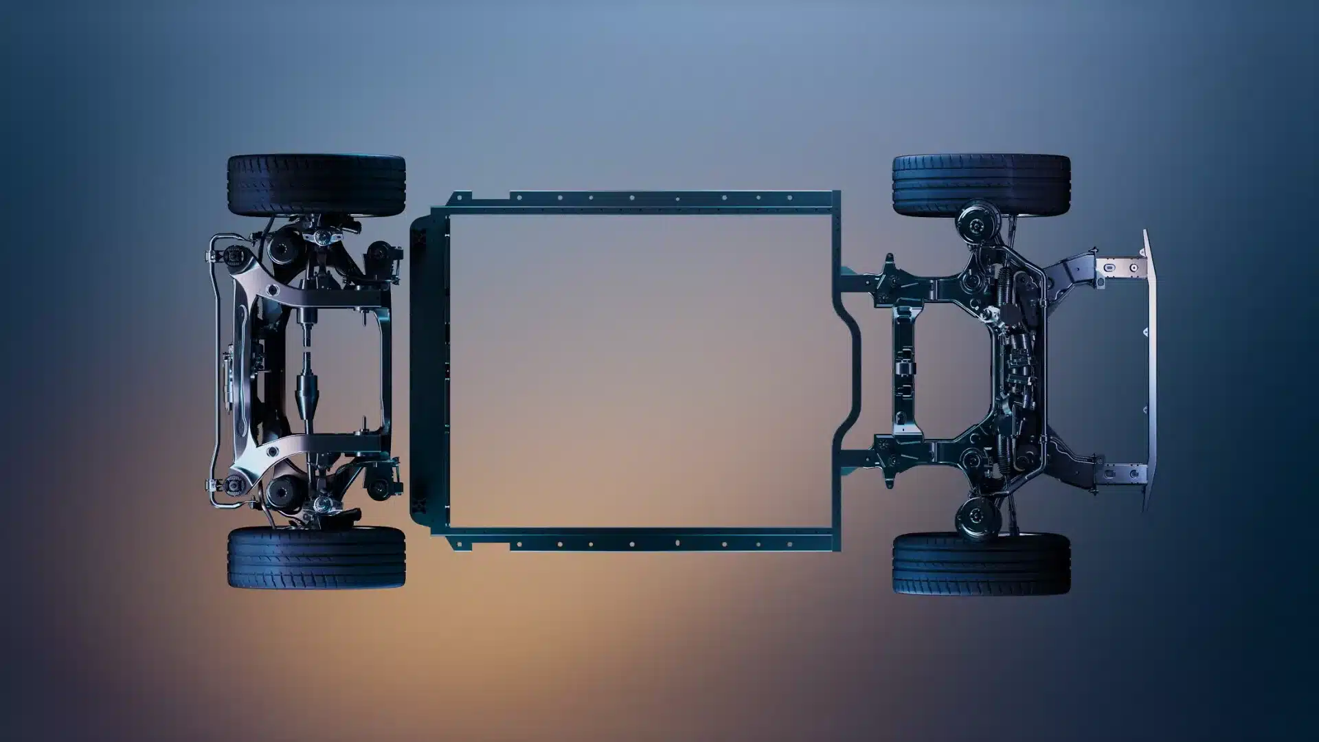 Top-Down-Ansicht der Renault Elektroplattform RGEV medium 2.0 mit sichtbar montierten Fahrwerks- und Fahrzeugkomponenten