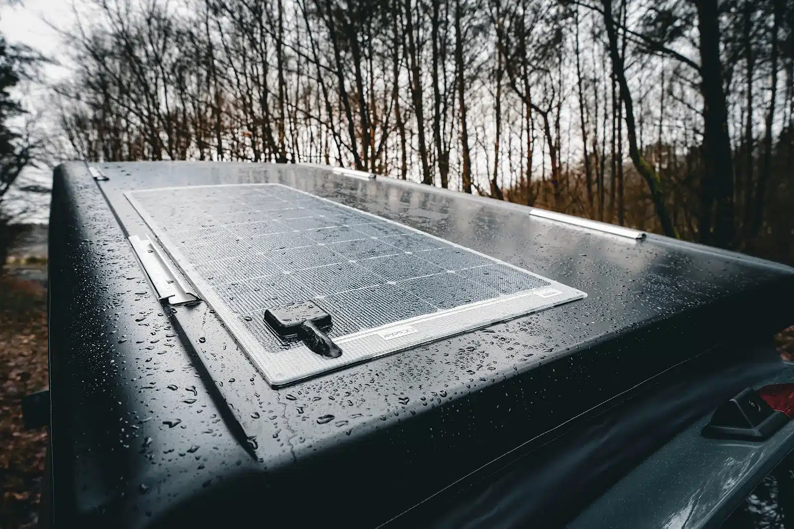 Solarmodul auf nassem Camperdach, Bäume im Hintergrund
