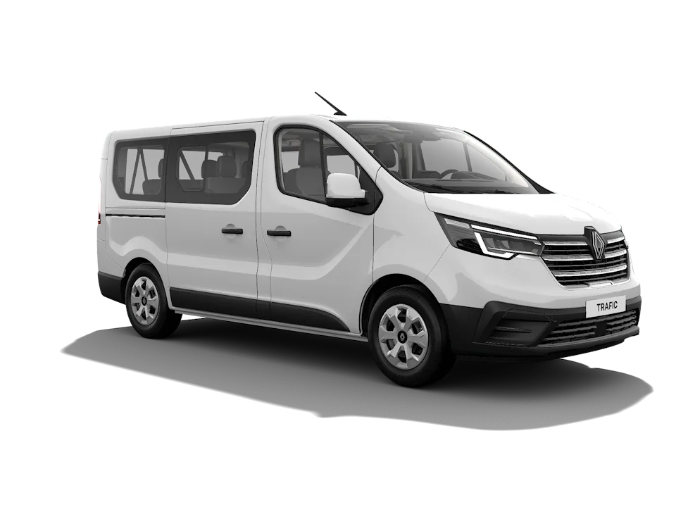 Weißer Renault Trafic Transporter in Dreiviertel-Frontansicht