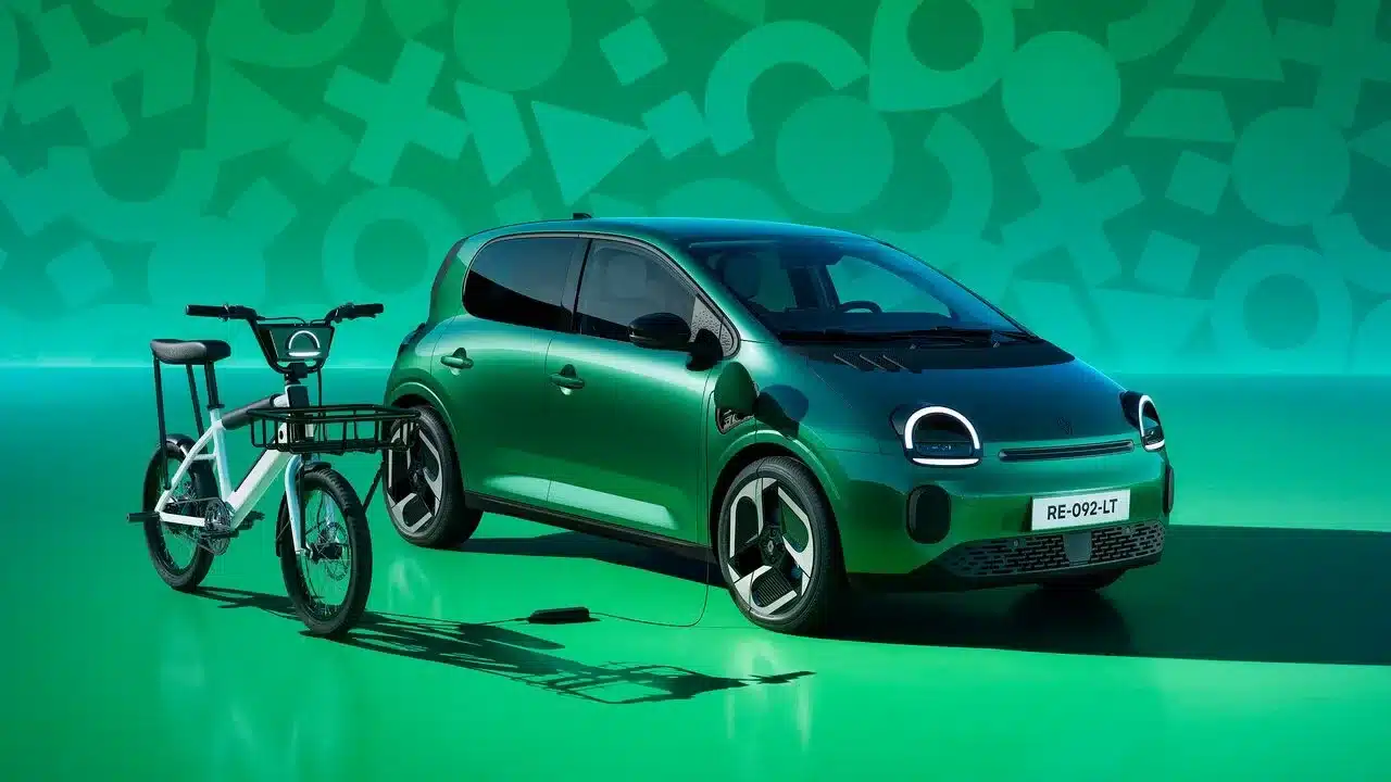 Grüner Renault Twingo E-Tech Electric neben einem E-Bike vor grünem Hintergrund