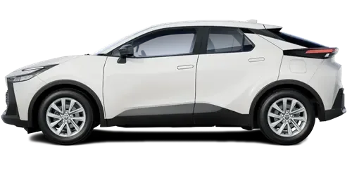 Toyota C-HR der zweiten Generation in Weiß, seitliche Ansicht, modernes Kompakt-SUV mit Hybridantrieb.