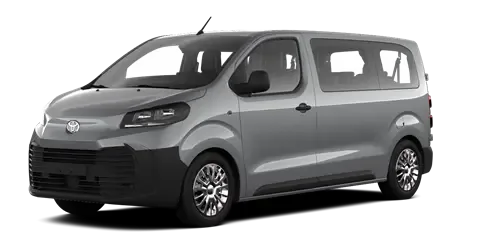 Toyota Proace Verso in seitlicher Ansicht, silberfarben, steile Front und große Fensterflächen.