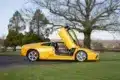 Gelber Lamborghini Murciélago 2002 mit geöffneten Scherentüren auf einer Wiese vor Bäumen.