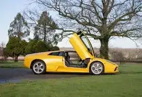 Gelber Lamborghini Murciélago 2002 mit geöffneten Scherentüren auf einer Wiese vor Bäumen.