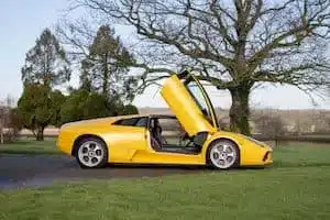 Gelber Lamborghini Murciélago 2002 mit geöffneten Scherentüren auf einer Wiese vor Bäumen.