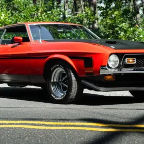 Roter Ford Mustang Mach 1 von 1971 geparkt auf Asphaltstraße vor Waldkulisse.