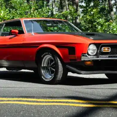 Roter Ford Mustang Mach 1 von 1971 geparkt auf Asphaltstraße vor Waldkulisse.