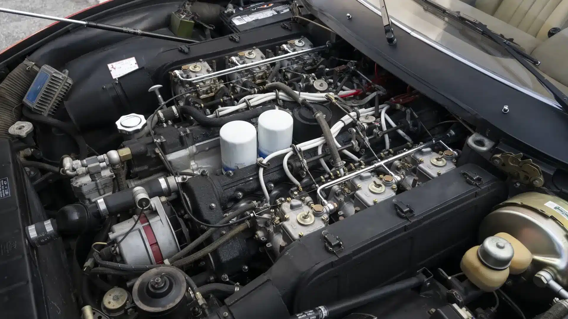 V12-Motor des Ferrari 365 GTC/4 von 1972 mit offenem Motorraum