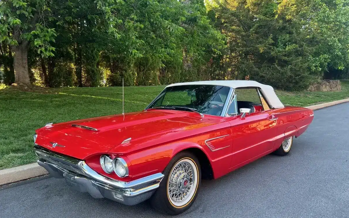 Klassischer Ford Thunderbird Cabriolet Baujahr 1965, rot mit weißem Verdeck, auf einer Asphaltstraße vor Bäumen geparkt.