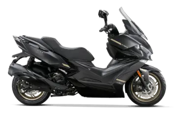 Kymco Xciting VS 400i schwarz, Seitenansicht, sportlicher Großroller mit dynamischer Linienführung und höhenverstellbarer Windscheibe.