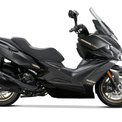 Kymco Xciting VS 400i schwarz, Seitenansicht, sportlicher Großroller mit dynamischer Linienführung und höhenverstellbarer Windscheibe.