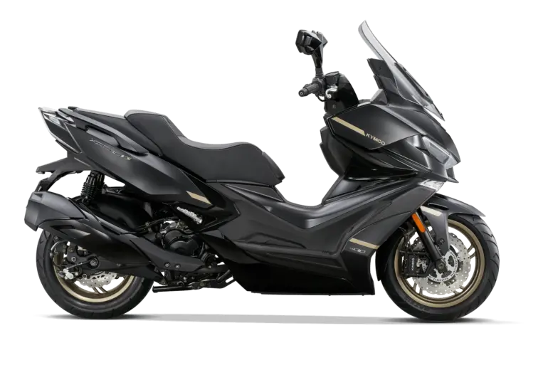 Kymco Xciting VS 400i schwarz, Seitenansicht, sportlicher Großroller mit dynamischer Linienführung und höhenverstellbarer Windscheibe.