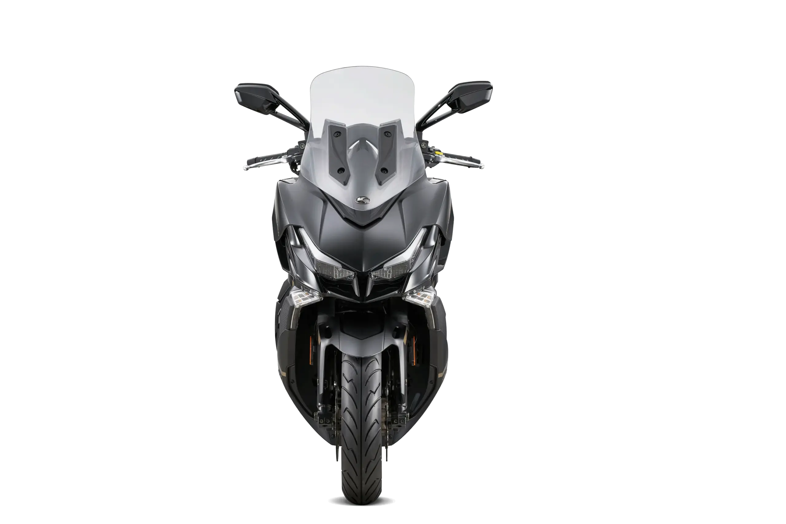 Kymco Xciting VS 400i als Großroller, Ansicht von vorne, sportliches Design, schwarze Lackierung, große verstellbare Windscheibe.