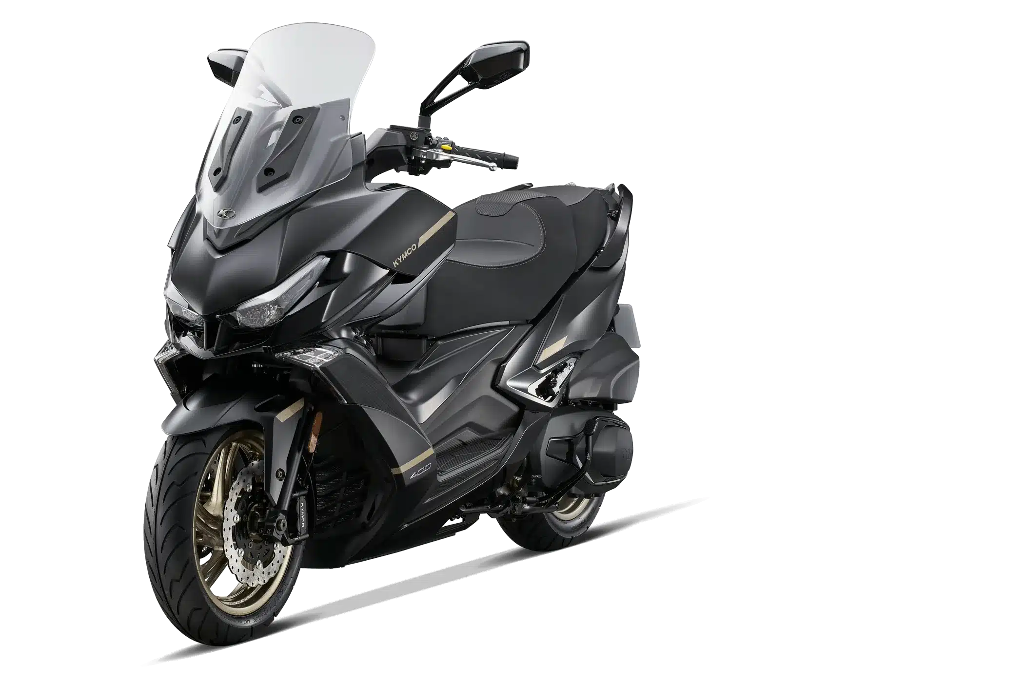 Kymco Xciting VS 400i Großroller in lunar stone silver/black, Seitenansicht, sportliches Design mit großer Windschutzscheibe.
