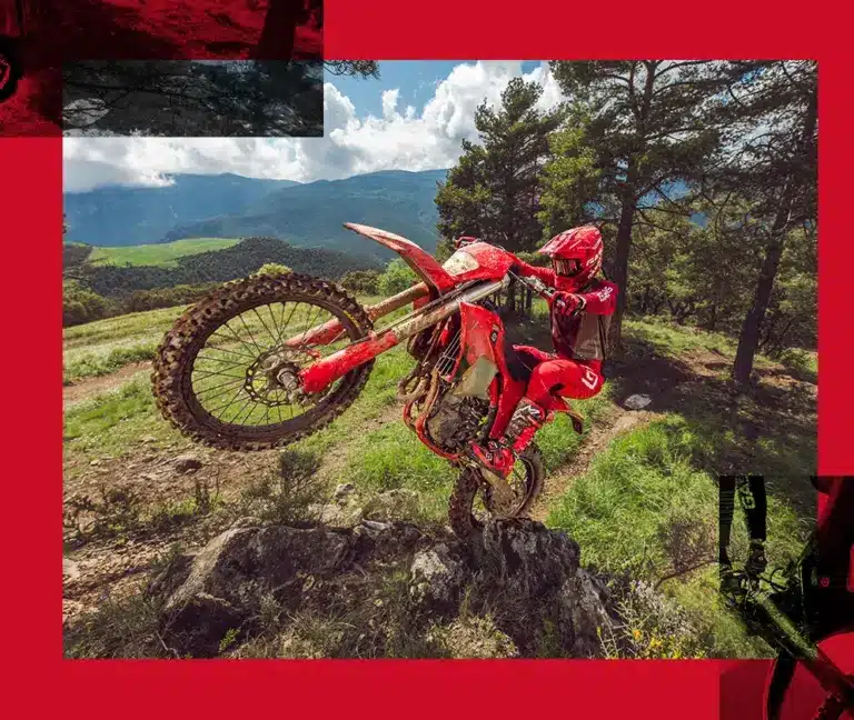 GASGAS EC 500F 2026 Enduro-Motorrad meistert steiles Gelände, Fahrer mit roter Schutzkleidung