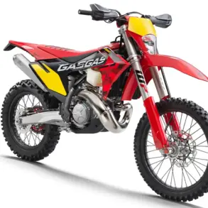 GASGAS EC 300 GP 2025 Enduro-Motorrad, rote, schwarze und gelbe Akzente, Seitenansicht