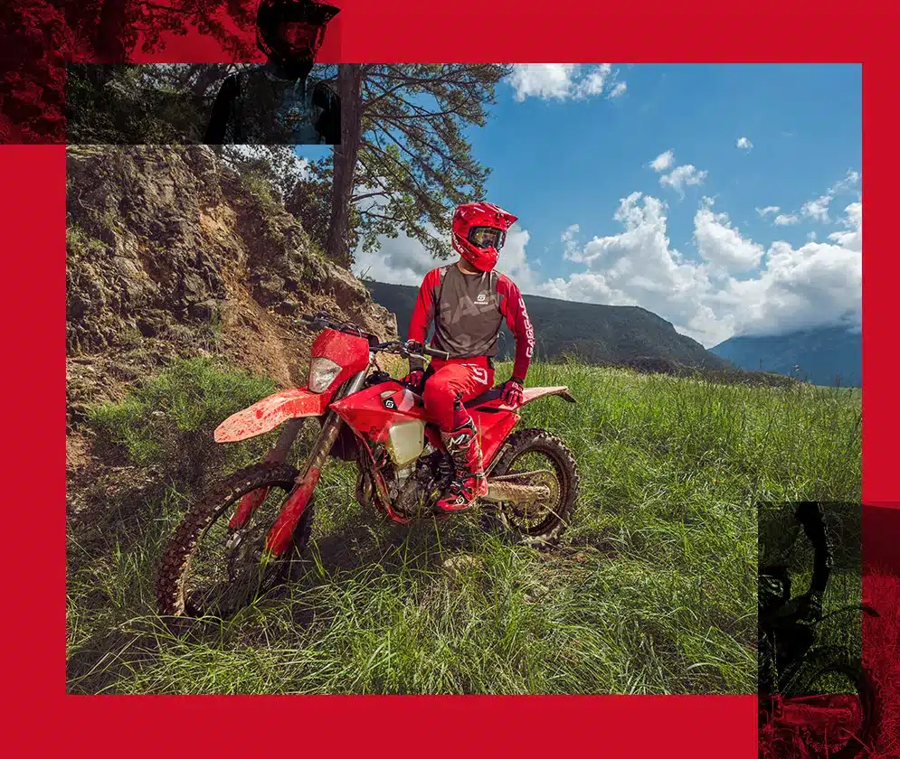 GASGAS EC 350F 2026 Enduro-Motorrad mit Fahrer auf matschigem Wiesenpfad, umgeben von Bergen und Bäumen.