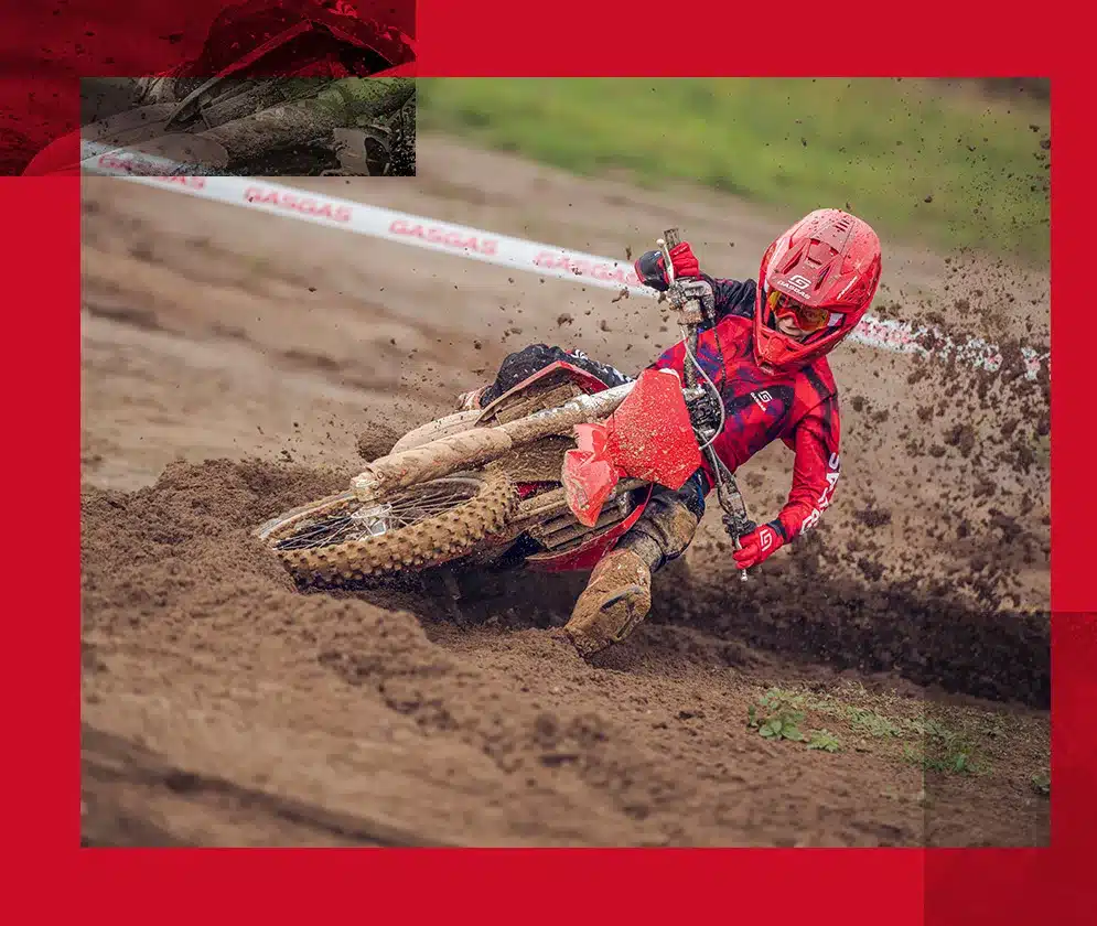 GasGas MC 85 19/16 2026 beim Motocross-Einsatz mit jungem Fahrer in voller Schräglage.
