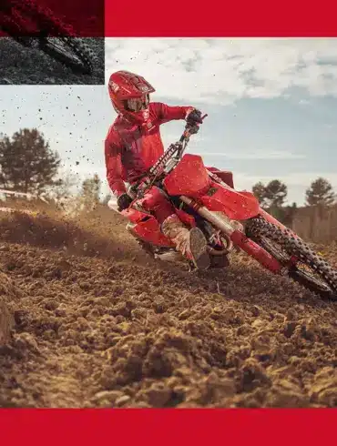 Fahrer auf einer GASGAS MC 450F 2026 Motocross-Maschine auf schlammiger Strecke.